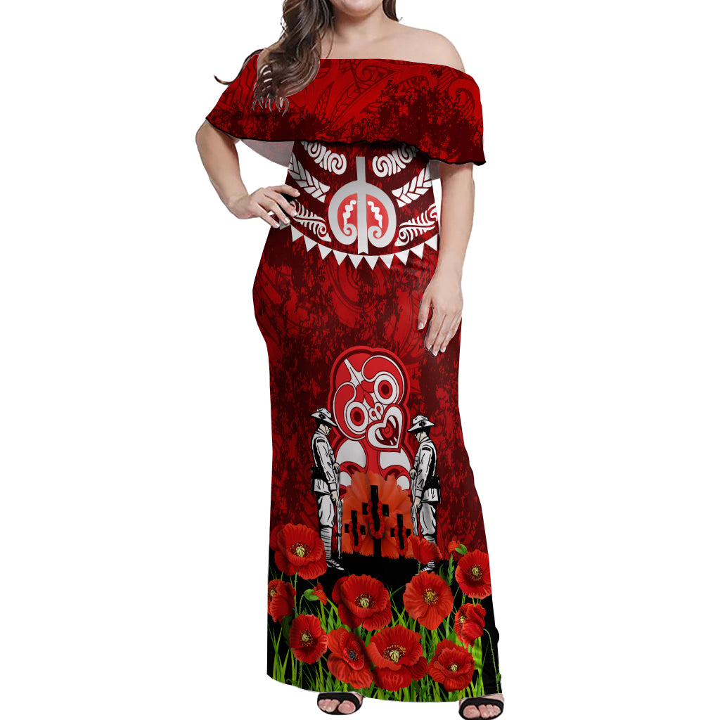 New Zealand ANZAC Waitangi Day Off Shoulder Maxi Dress Hei Tiki and Soldier LT03 Women Red - Polynesian Pride