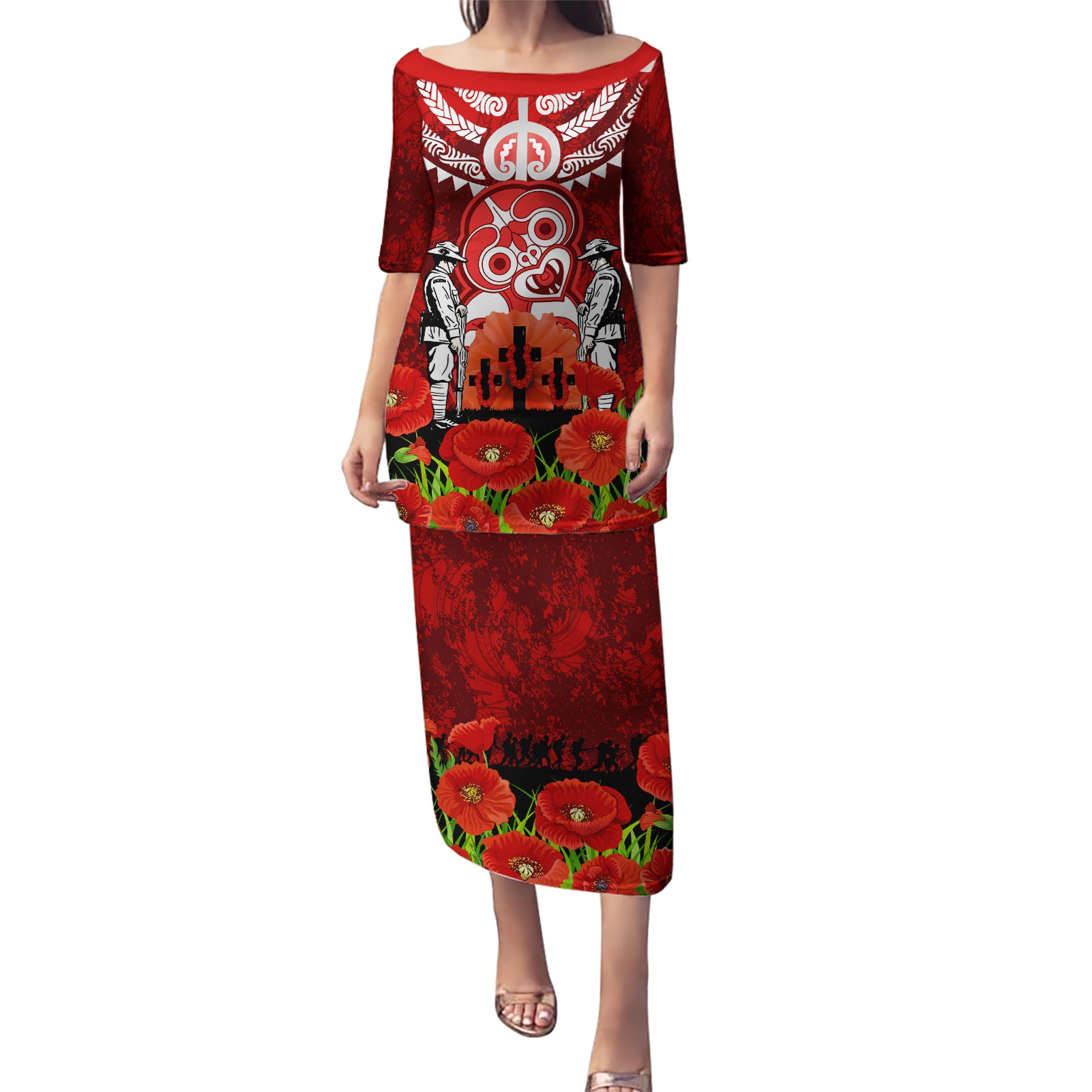 New Zealand ANZAC Waitangi Day Puletasi Hei Tiki and Soldier LT03 Long Dress Red - Polynesian Pride