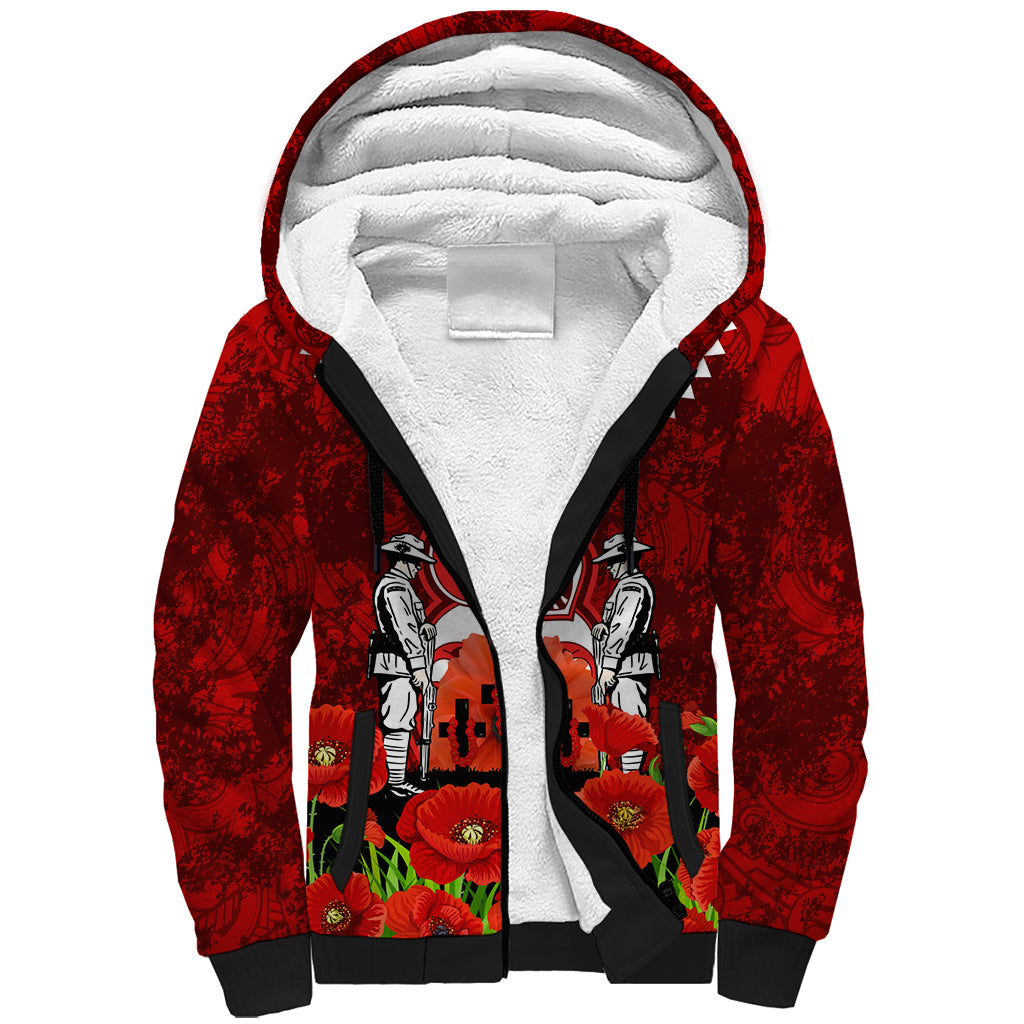 New Zealand ANZAC Waitangi Day Sherpa Hoodie Hei Tiki and Soldier LT03 Unisex Red - Polynesian Pride