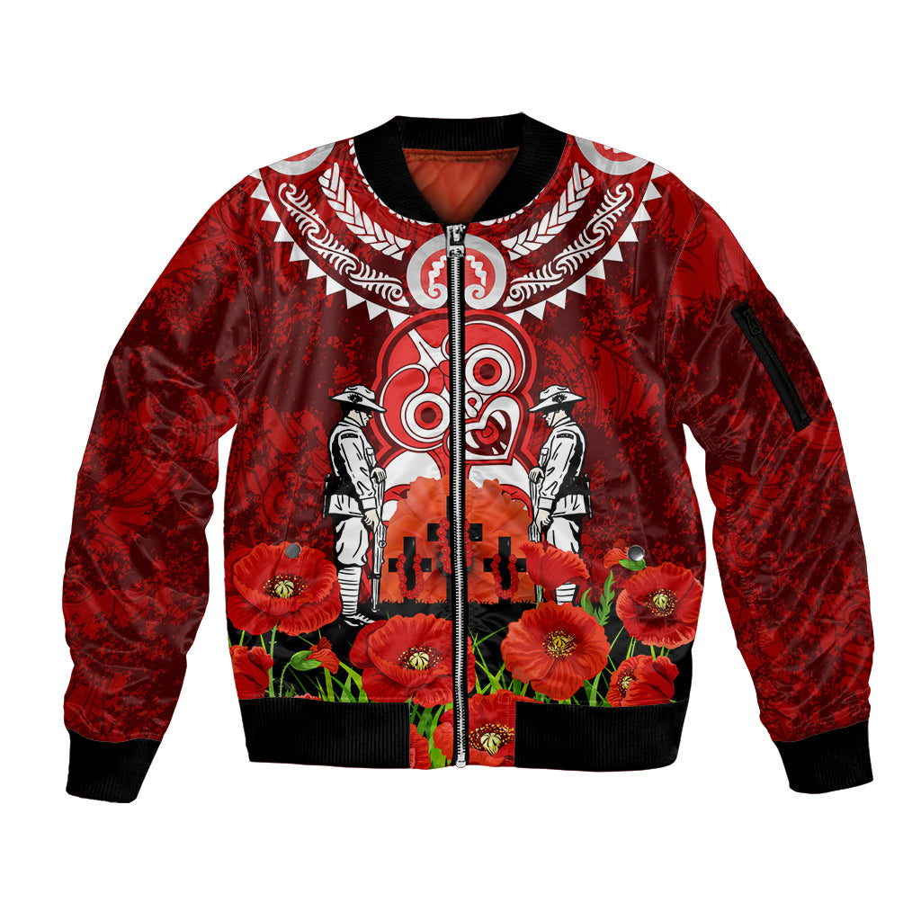 New Zealand ANZAC Waitangi Day Sleeve Zip Bomber Jacket Hei Tiki and Soldier LT03 Unisex Red - Polynesian Pride