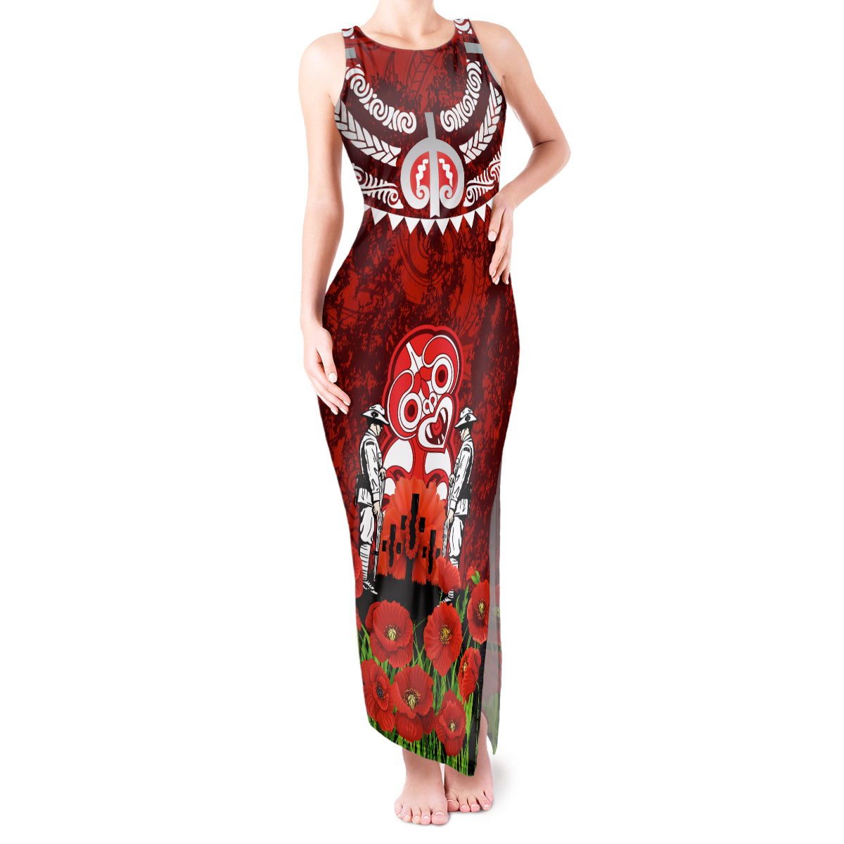 New Zealand ANZAC Waitangi Day Tank Maxi Dress Hei Tiki and Soldier LT03 Women Red - Polynesian Pride