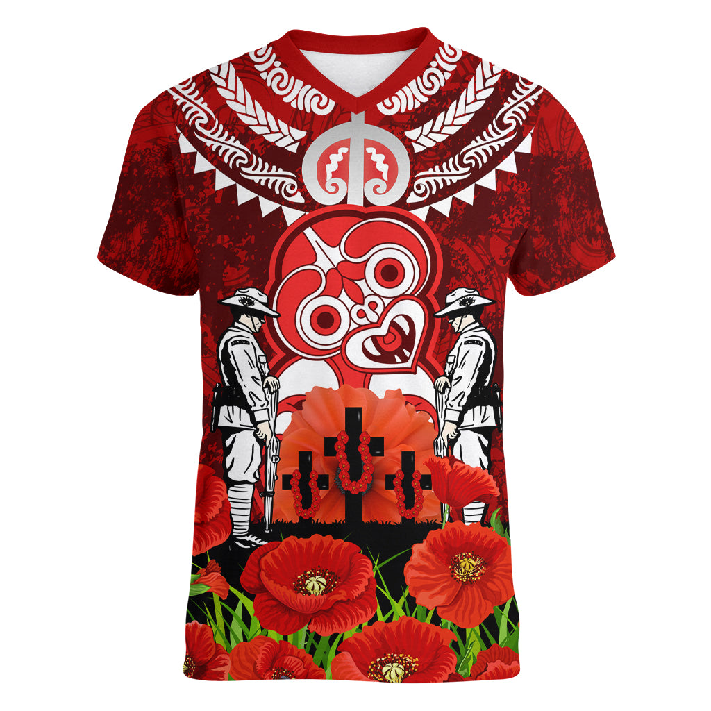 New Zealand ANZAC Waitangi Day Women V Neck T Shirt Hei Tiki and Soldier LT03 Female Red - Polynesian Pride