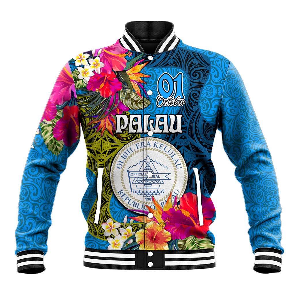 Palau Independence Day Baseball Jacket 1st October 30th Anniversary Polynesian Jungle Flower LT03 Unisex Blue - Polynesian Pride