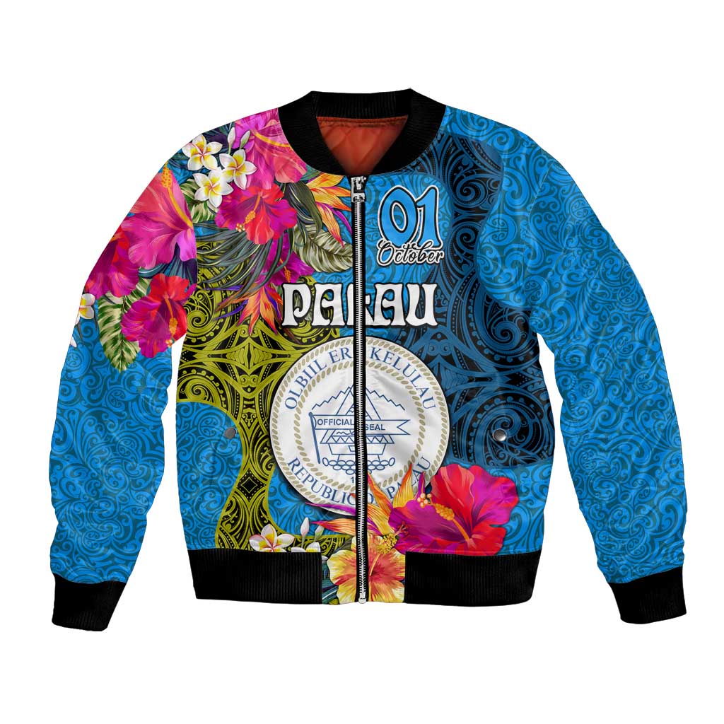 Palau Independence Day Bomber Jacket 1st October 30th Anniversary Polynesian Jungle Flower