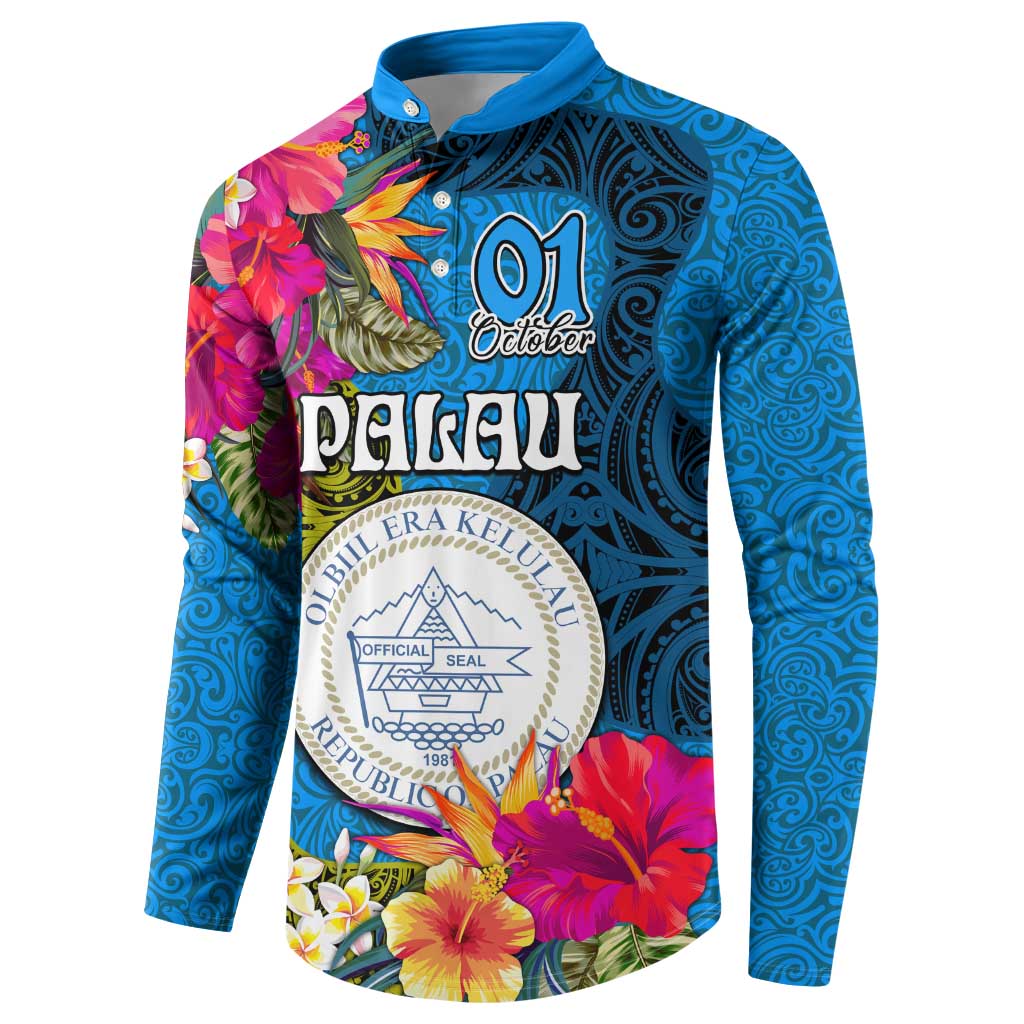 Palau Independence Day Button Sweatshirt 1st October 30th Anniversary Polynesian Jungle Flower LT03 - Polynesian Pride