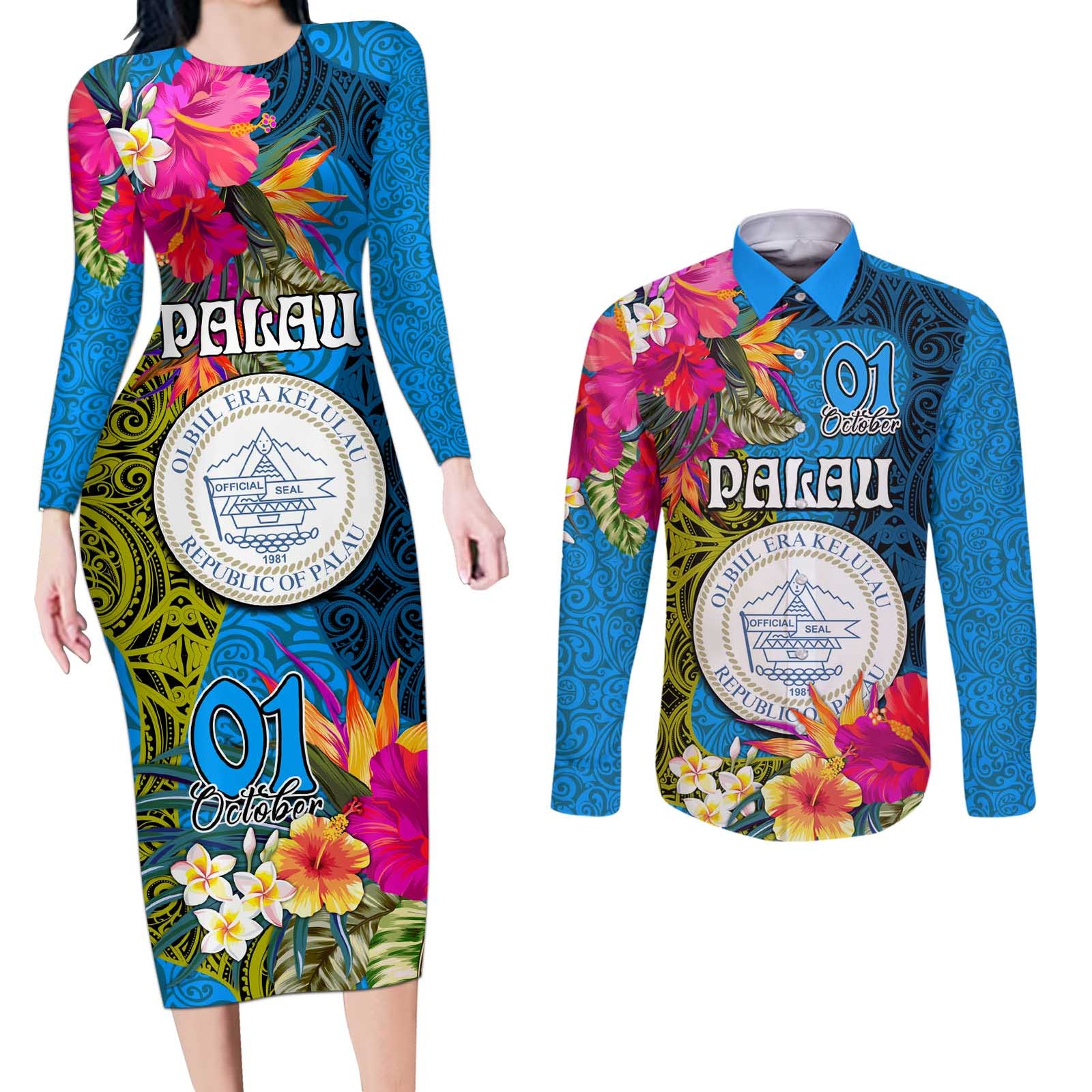 Palau Independence Day Couples Matching Long Sleeve Bodycon Dress and Long Sleeve Button Shirt 1st October 30th Anniversary Polynesian Jungle Flower LT03 Blue - Polynesian Pride