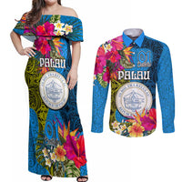 Palau Independence Day Couples Matching Off Shoulder Maxi Dress and Long Sleeve Button Shirt 1st October 30th Anniversary Polynesian Jungle Flower LT03 Blue - Polynesian Pride