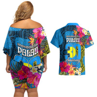 Palau Independence Day Couples Matching Off Shoulder Short Dress and Hawaiian Shirt 1st October 30th Anniversary Polynesian Jungle Flower LT03 - Polynesian Pride