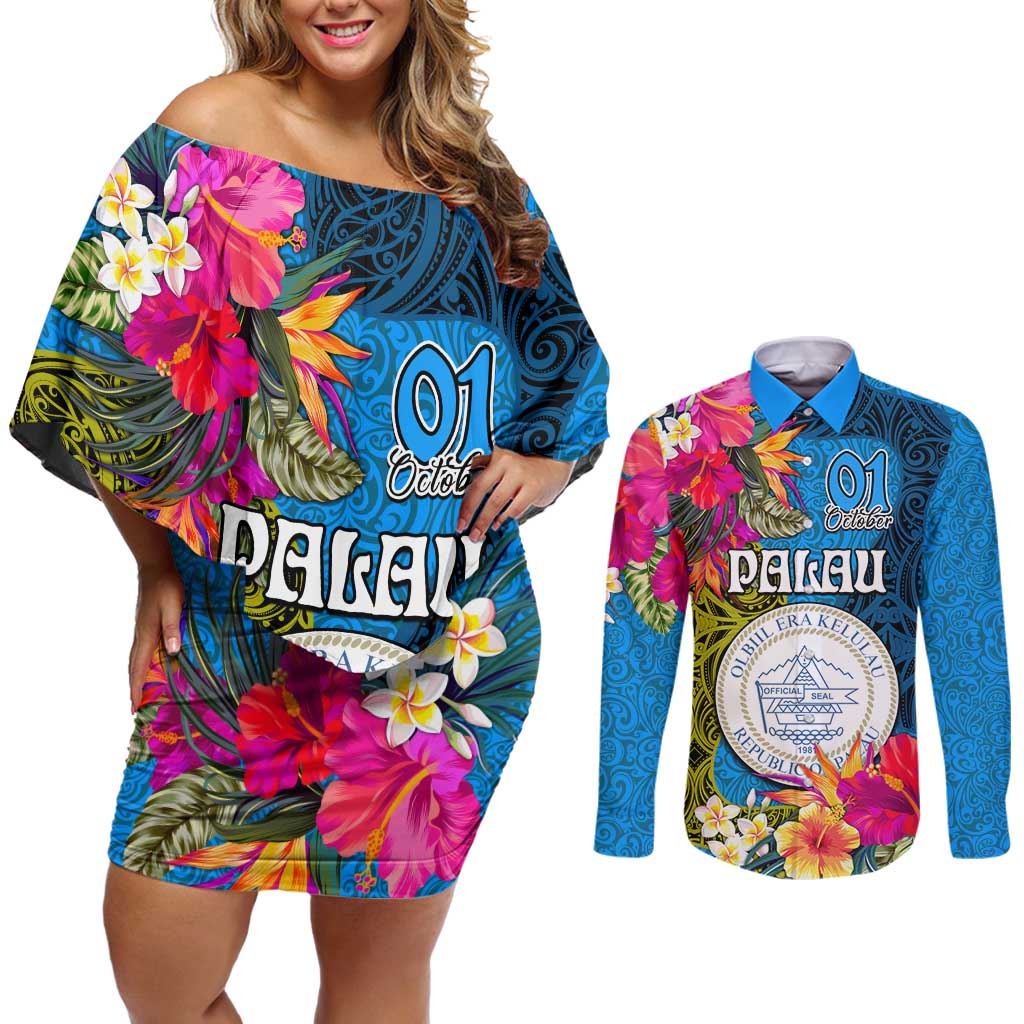 Palau Independence Day Couples Matching Off Shoulder Short Dress and Long Sleeve Button Shirt 1st October 30th Anniversary Polynesian Jungle Flower LT03 Blue - Polynesian Pride