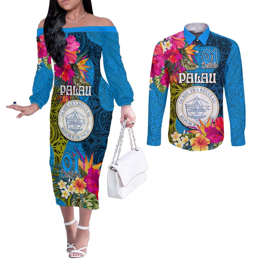Palau Independence Day Couples Matching Off The Shoulder Long Sleeve Dress and Long Sleeve Button Shirt 1st October 30th Anniversary Polynesian Jungle Flower LT03 Blue - Polynesian Pride