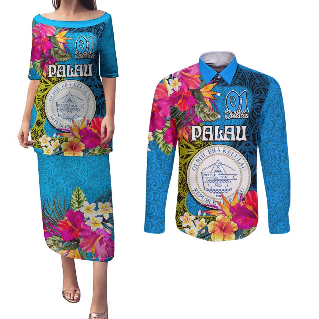 Palau Independence Day Couples Matching Puletasi and Long Sleeve Button Shirt 1st October 30th Anniversary Polynesian Jungle Flower LT03 Blue - Polynesian Pride