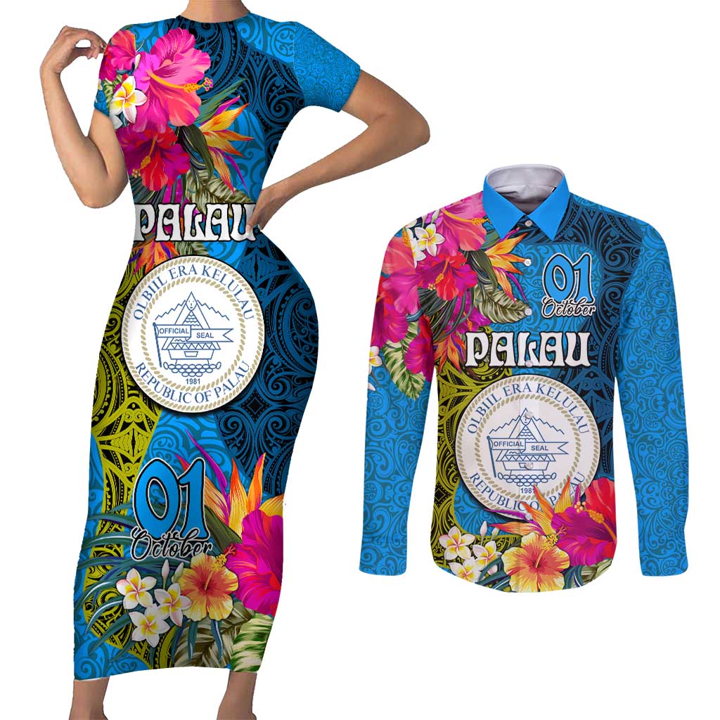 Palau Independence Day Couples Matching Short Sleeve Bodycon Dress and Long Sleeve Button Shirt 1st October 30th Anniversary Polynesian Jungle Flower LT03 Blue - Polynesian Pride