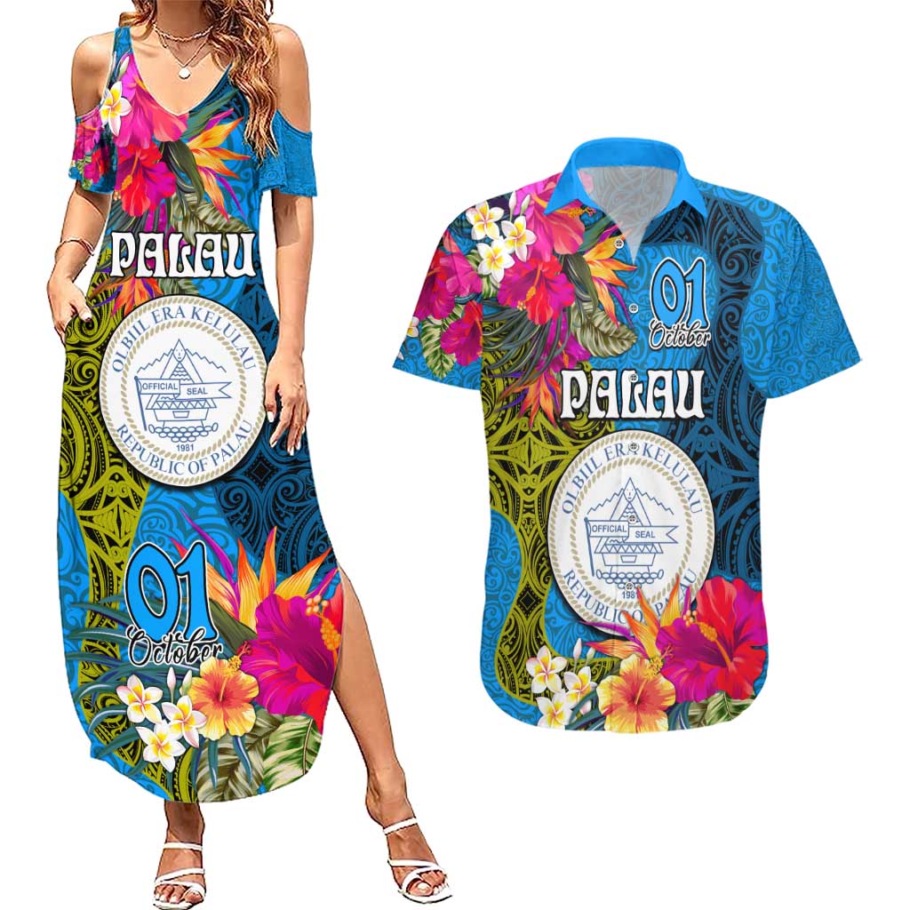 Palau Independence Day Couples Matching Summer Maxi Dress and Hawaiian Shirt 1st October 30th Anniversary Polynesian Jungle Flower LT03 Blue - Polynesian Pride