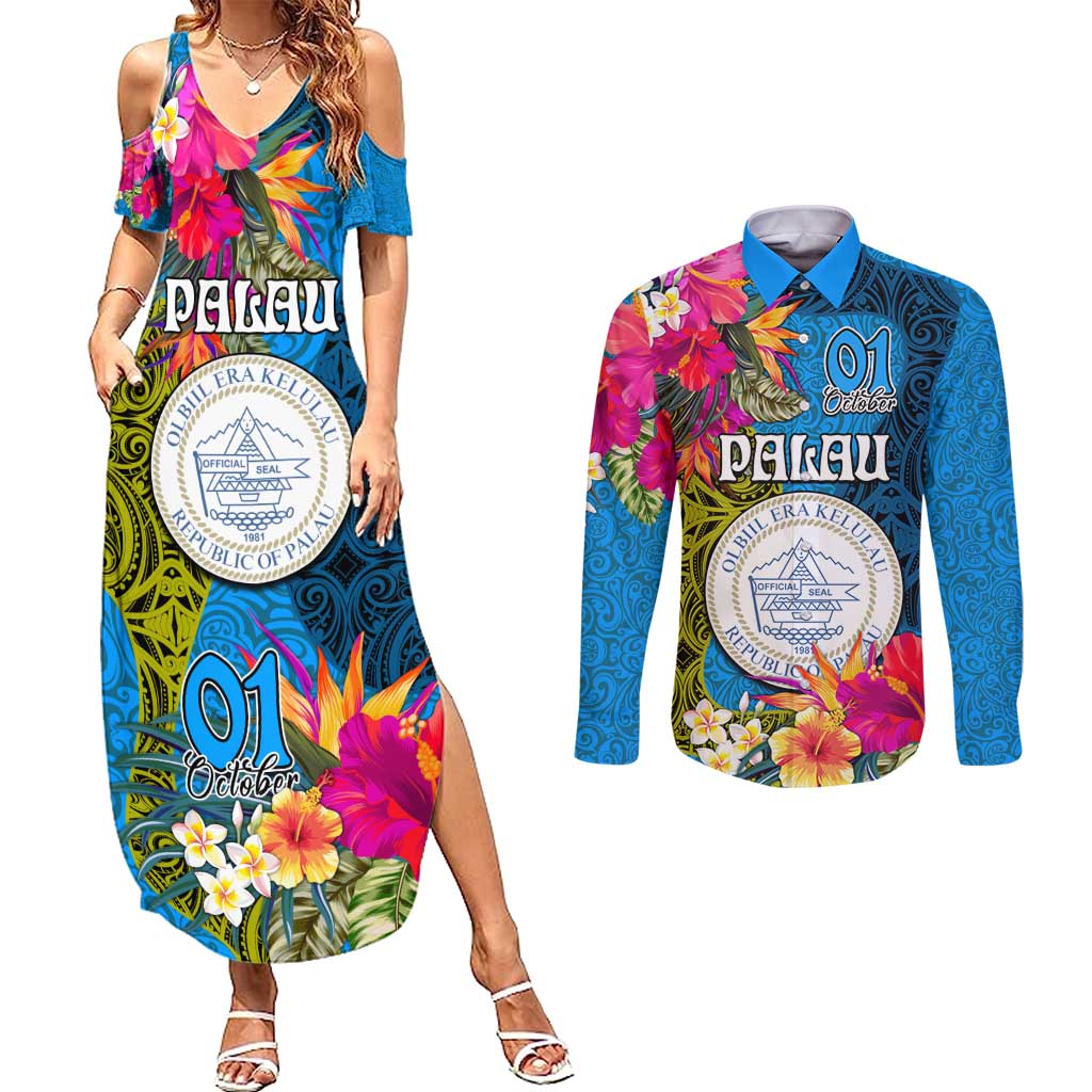 Palau Independence Day Couples Matching Summer Maxi Dress and Long Sleeve Button Shirt 1st October 30th Anniversary Polynesian Jungle Flower