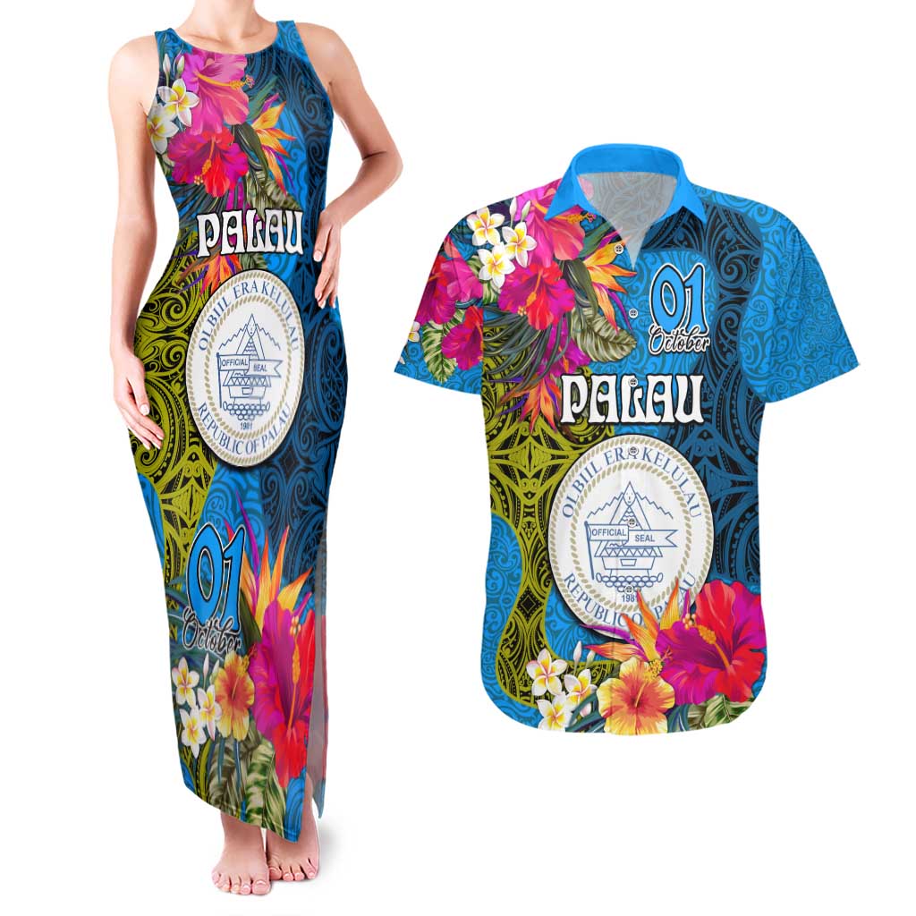 Palau Independence Day Couples Matching Tank Maxi Dress and Hawaiian Shirt 1st October 30th Anniversary Polynesian Jungle Flower LT03 Blue - Polynesian Pride