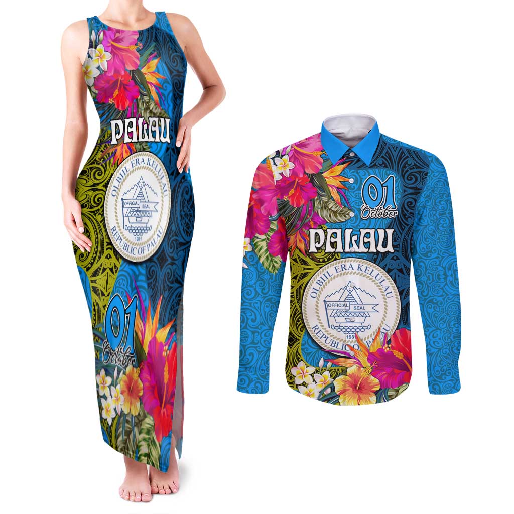 Palau Independence Day Couples Matching Tank Maxi Dress and Long Sleeve Button Shirt 1st October 30th Anniversary Polynesian Jungle Flower