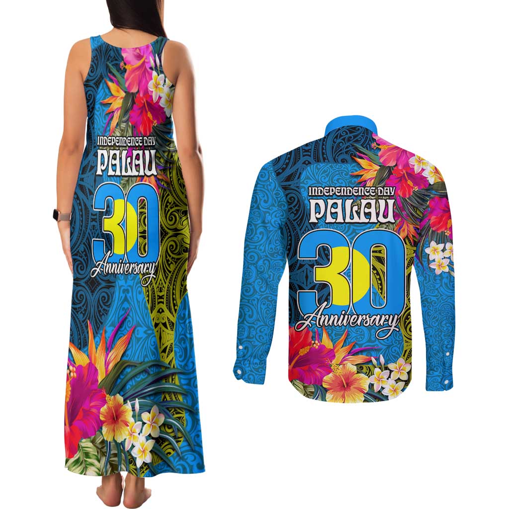 Palau Independence Day Couples Matching Tank Maxi Dress and Long Sleeve Button Shirt 1st October 30th Anniversary Polynesian Jungle Flower LT03 - Polynesian Pride