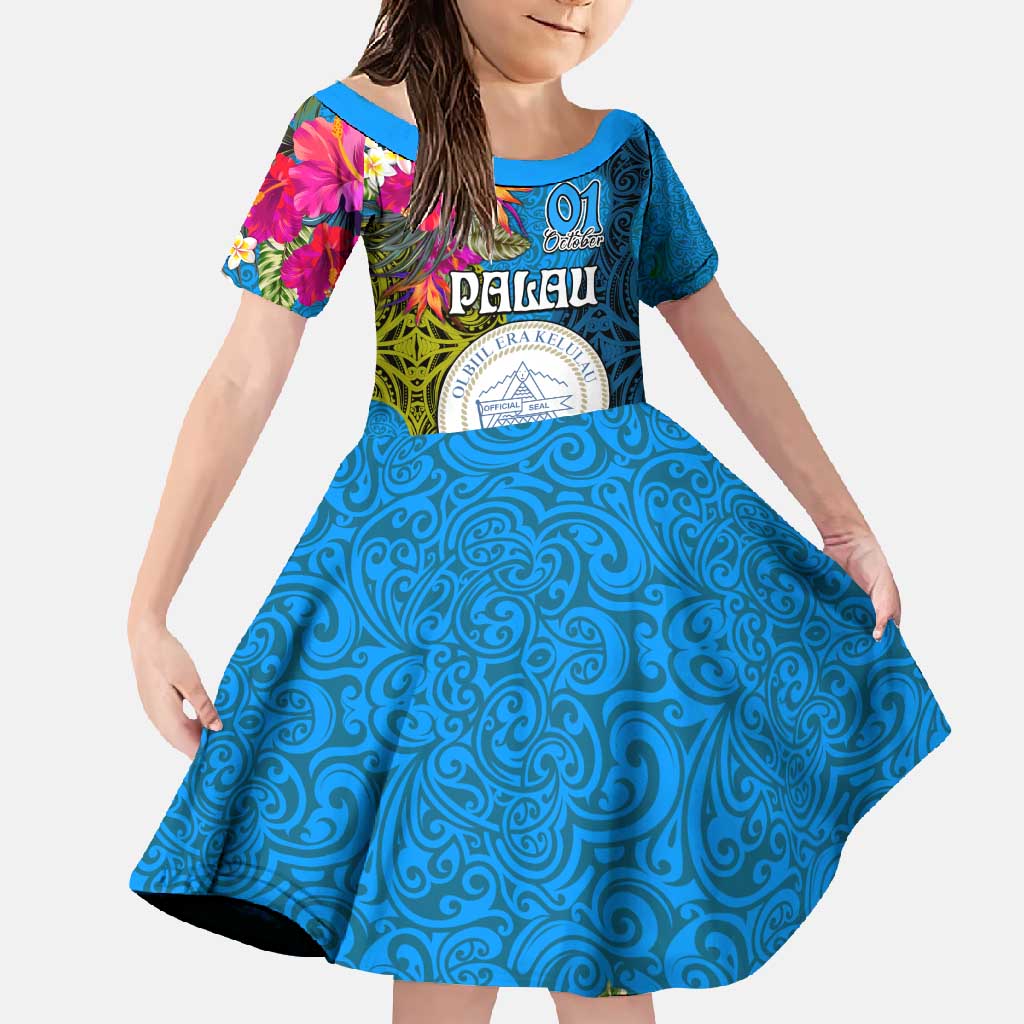 Palau Independence Day Family Matching Short Sleeve Bodycon Dress and Hawaiian Shirt 1st October 30th Anniversary Polynesian Jungle Flower LT03 Daughter's Dress Blue - Polynesian Pride