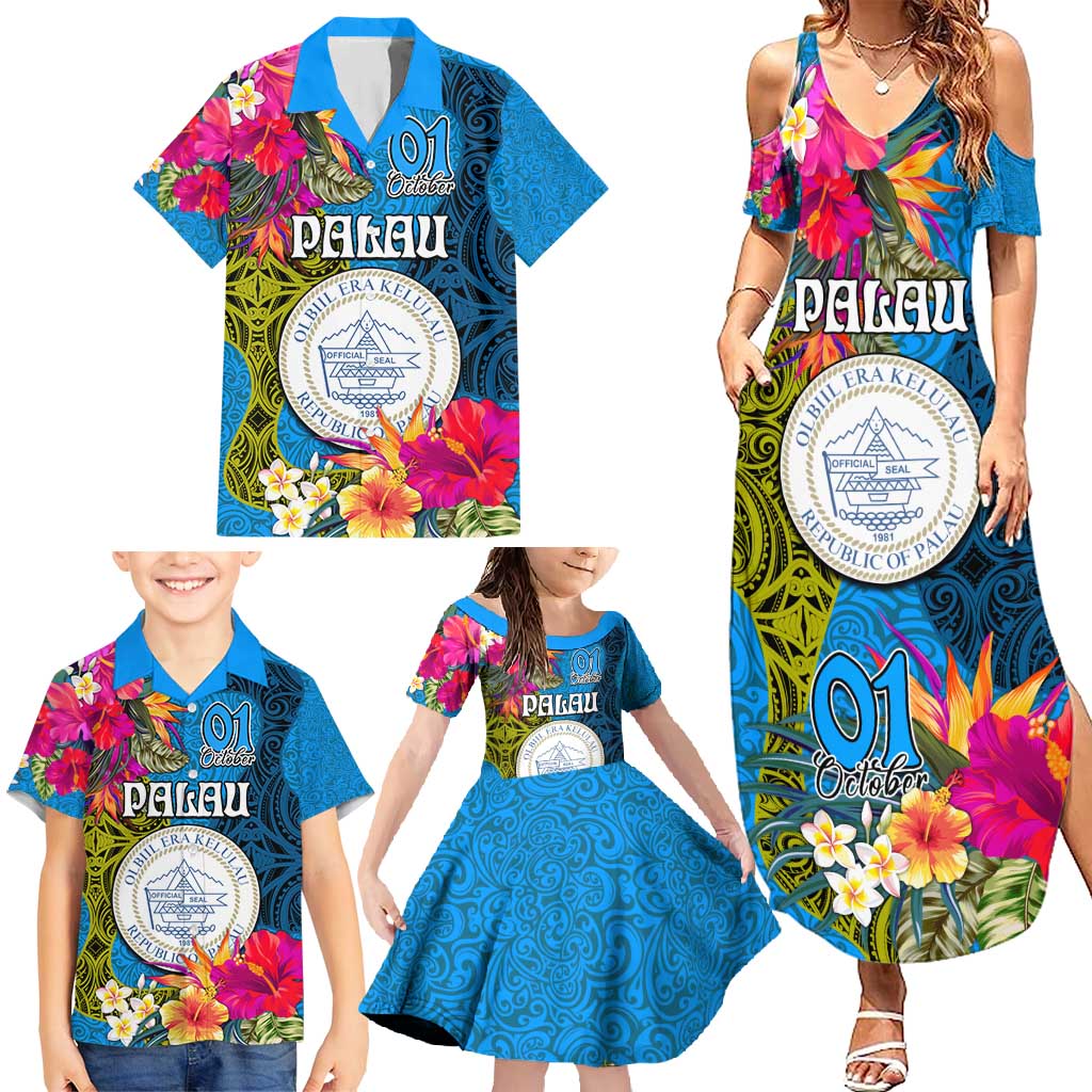 Palau Independence Day Family Matching Summer Maxi Dress and Hawaiian Shirt 1st October 30th Anniversary Polynesian Jungle Flower