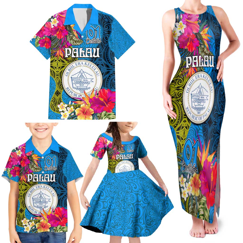 Palau Independence Day Family Matching Tank Maxi Dress and Hawaiian Shirt 1st October 30th Anniversary Polynesian Jungle Flower LT03 - Polynesian Pride