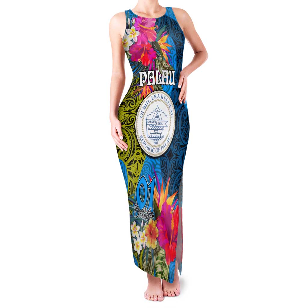 Palau Independence Day Family Matching Tank Maxi Dress and Hawaiian Shirt 1st October 30th Anniversary Polynesian Jungle Flower LT03 Mom's Dress Blue - Polynesian Pride