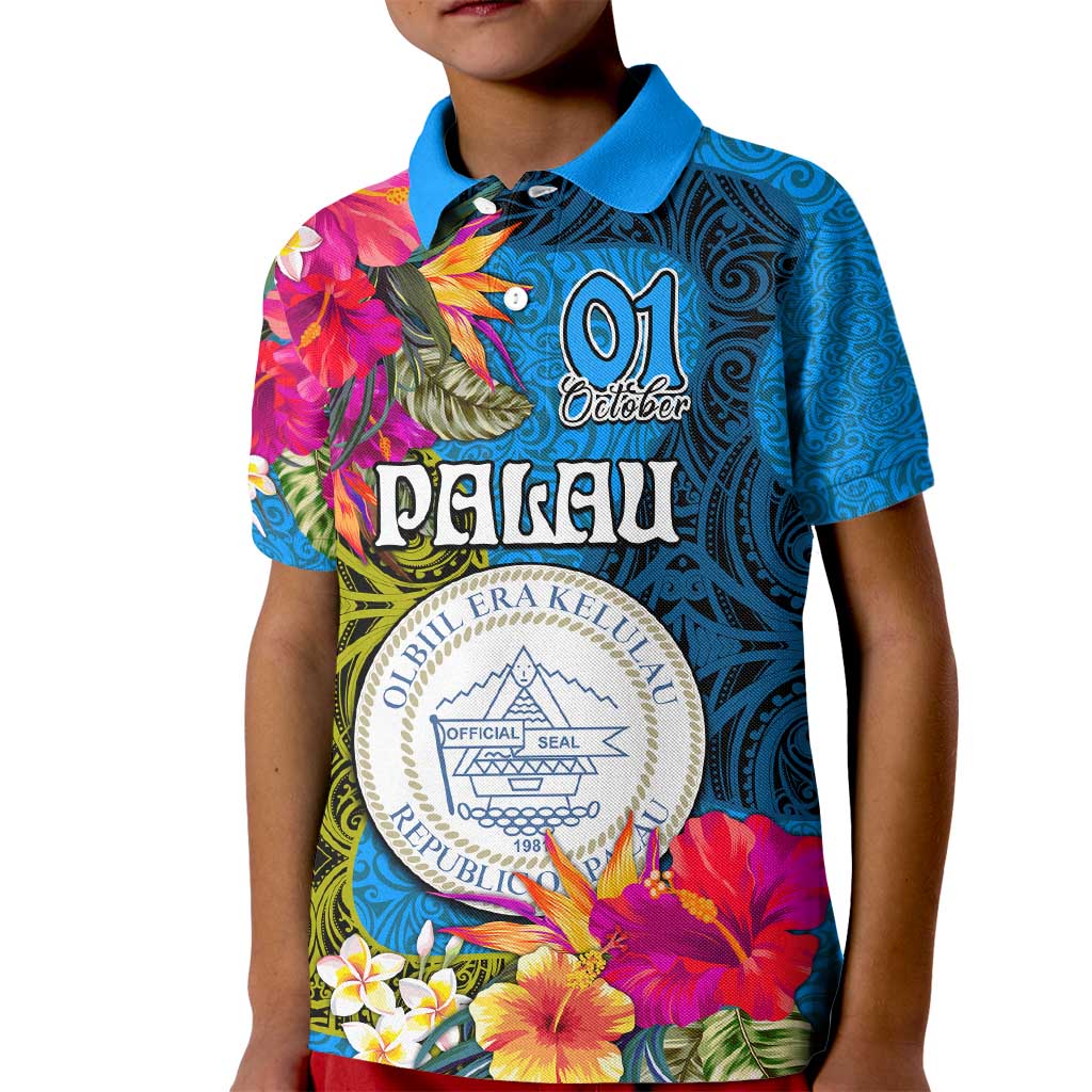 Palau Independence Day Kid Polo Shirt 1st October 30th Anniversary Polynesian Jungle Flower LT03 Kid Blue - Polynesian Pride