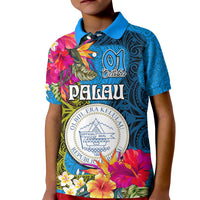 Palau Independence Day Kid Polo Shirt 1st October 30th Anniversary Polynesian Jungle Flower LT03 Kid Blue - Polynesian Pride