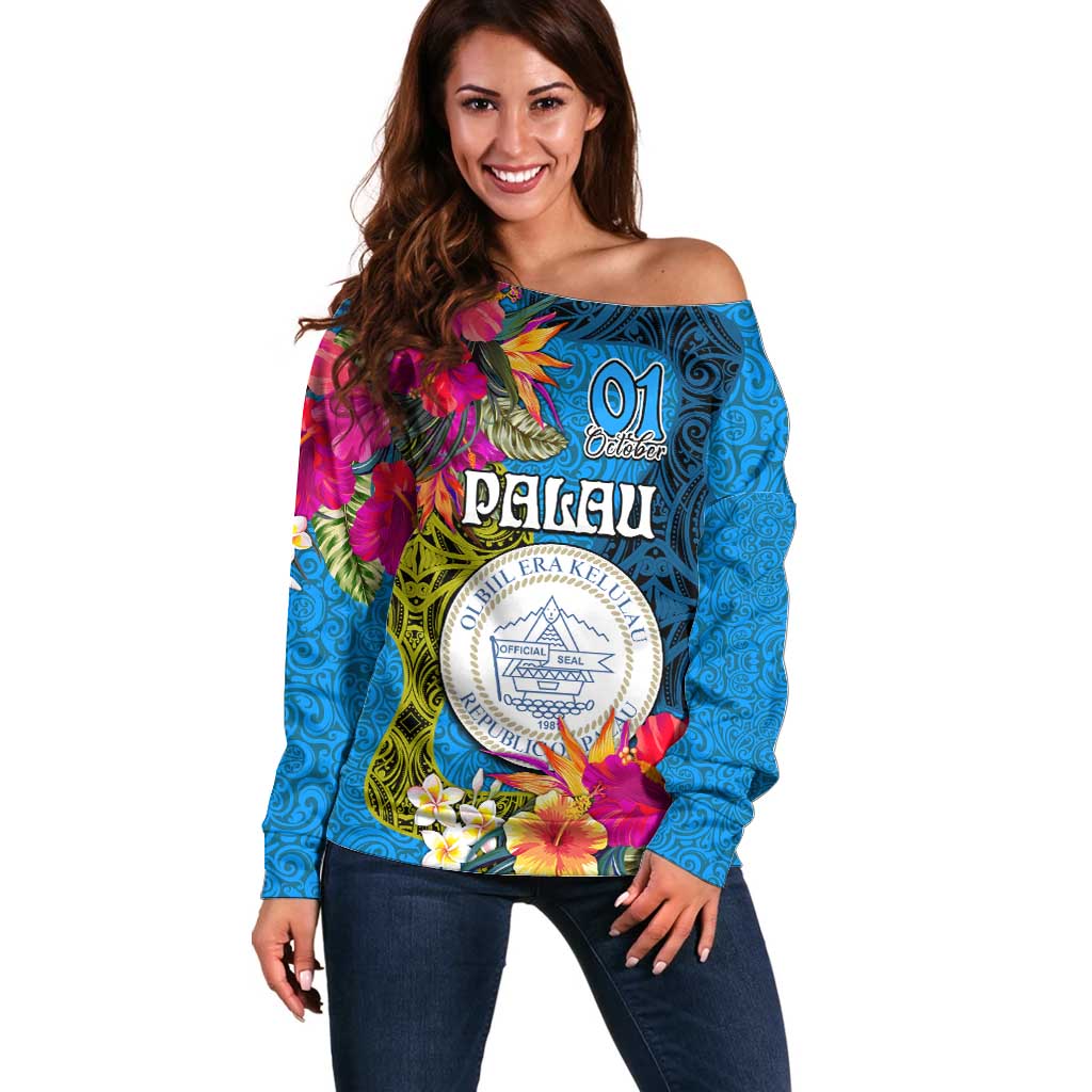 Palau Independence Day Off Shoulder Sweater 1st October 30th Anniversary Polynesian Jungle Flower