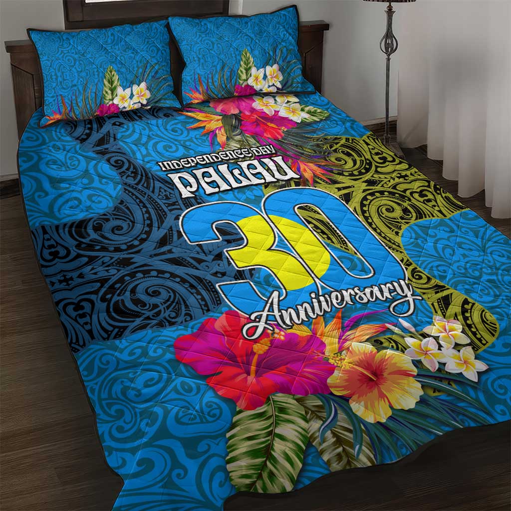 Palau Independence Day Quilt Bed Set 1st October 30th Anniversary Polynesian Jungle Flower