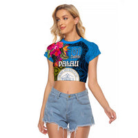 Palau Independence Day Raglan Cropped T Shirt 1st October 30th Anniversary Polynesian Jungle Flower LT03 Female Blue - Polynesian Pride