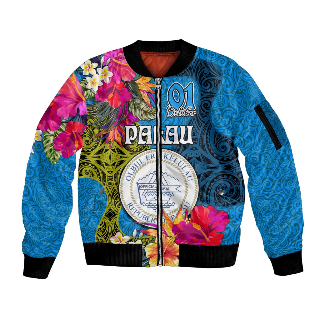 Palau Independence Day Sleeve Zip Bomber Jacket 1st October 30th Anniversary Polynesian Jungle Flower