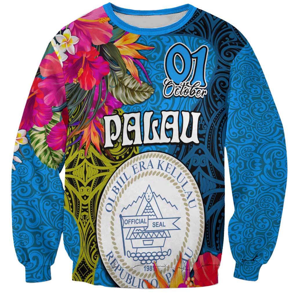 Palau Independence Day Sweatshirt 1st October 30th Anniversary Polynesian Jungle Flower LT03 Unisex Blue - Polynesian Pride
