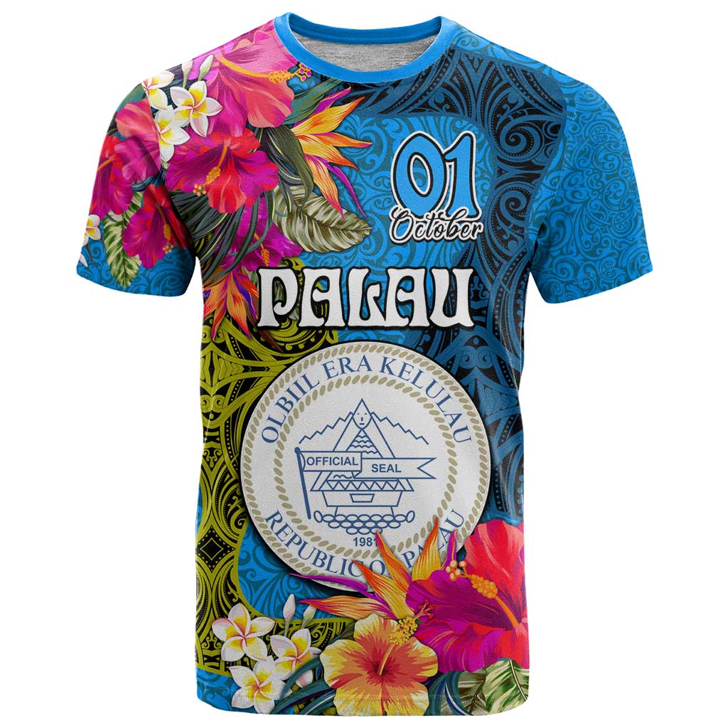 Palau Independence Day T Shirt 1st October 30th Anniversary Polynesian Jungle Flower LT03 Blue - Polynesian Pride