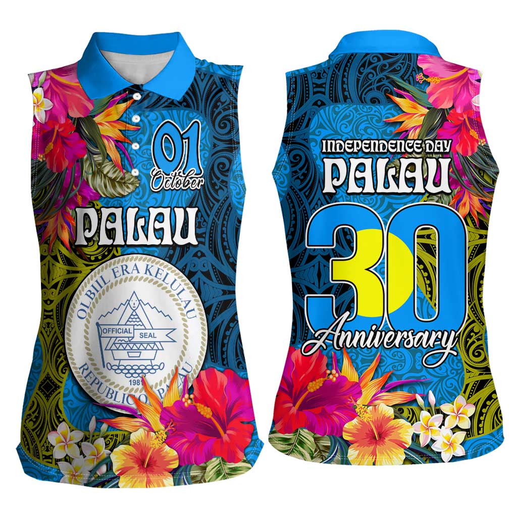 Palau Independence Day Women Sleeveless Polo Shirt 1st October 30th Anniversary Polynesian Jungle Flower LT03 - Polynesian Pride