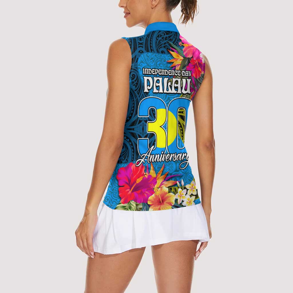 Palau Independence Day Women Sleeveless Polo Shirt 1st October 30th Anniversary Polynesian Jungle Flower LT03 - Polynesian Pride