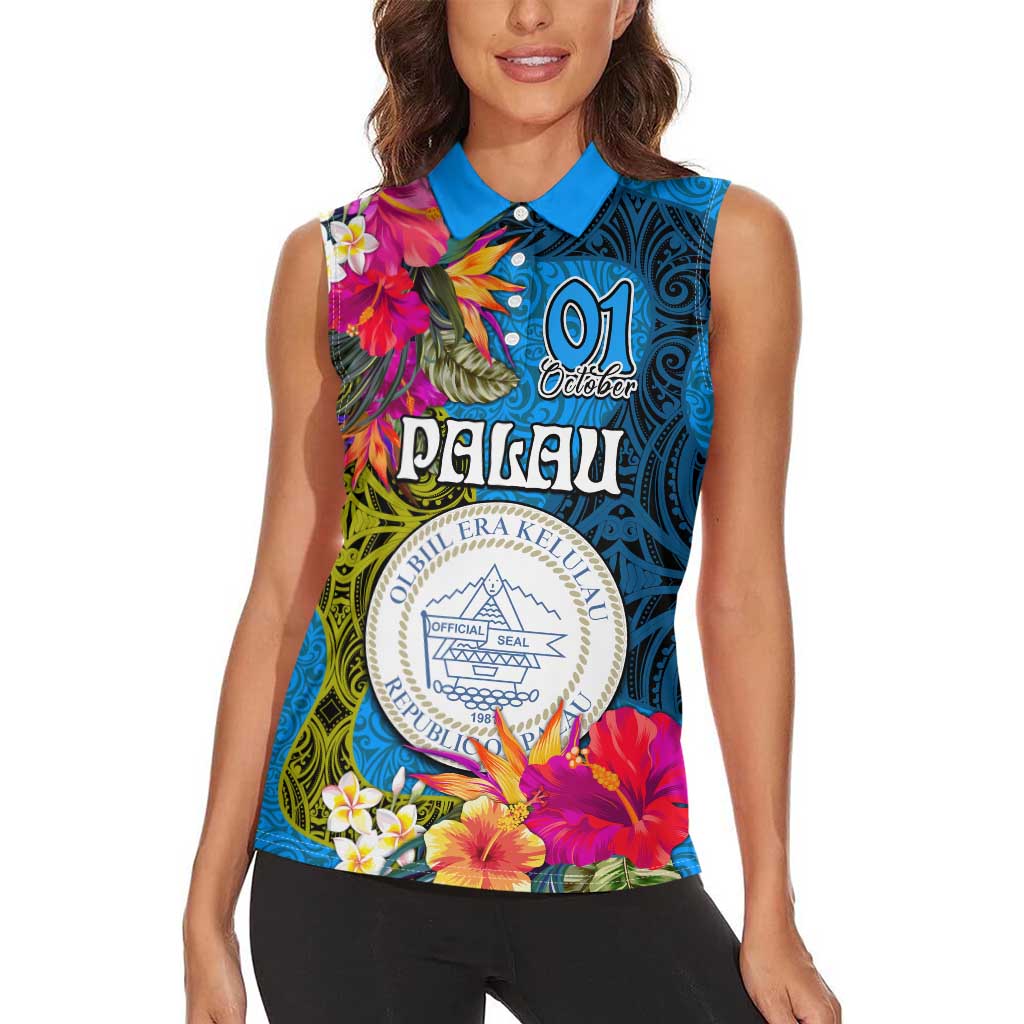 Palau Independence Day Women Sleeveless Polo Shirt 1st October 30th Anniversary Polynesian Jungle Flower LT03 - Polynesian Pride