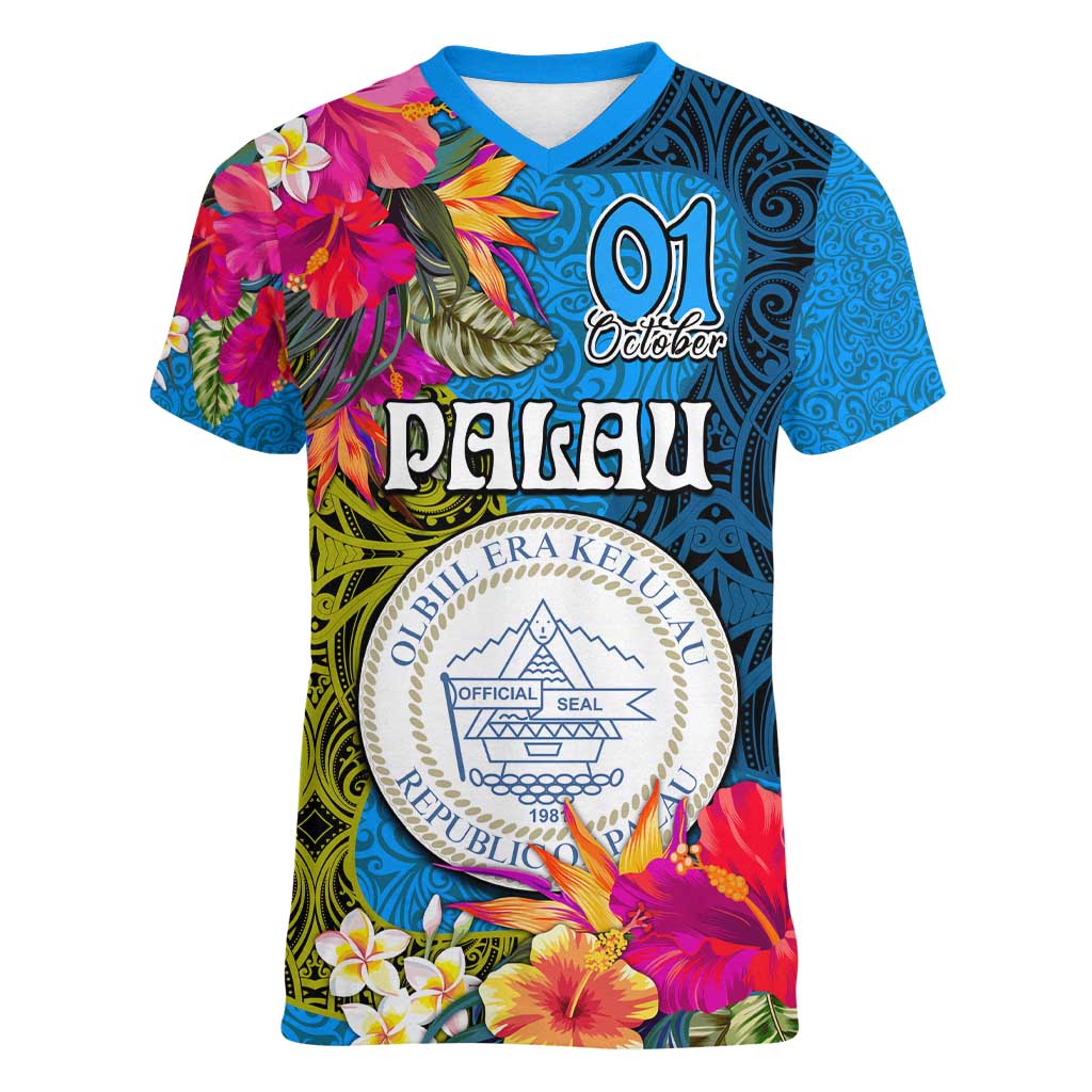 Palau Independence Day Women V-Neck T-Shirt 1st October 30th Anniversary Polynesian Jungle Flower