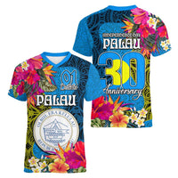 Palau Independence Day Women V-Neck T-Shirt 1st October 30th Anniversary Polynesian Jungle Flower