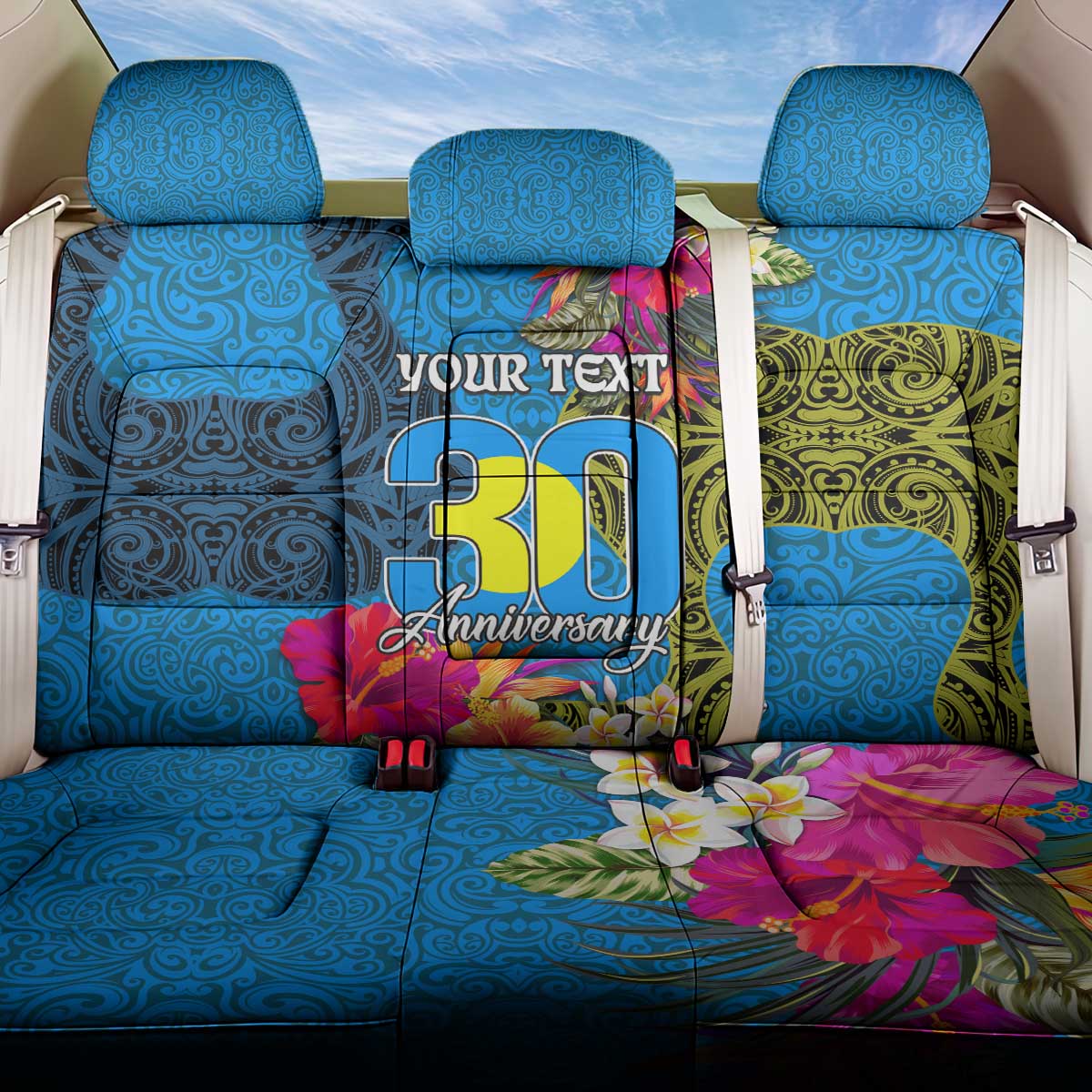 Personalised Palau Independence Day Back Car Seat Cover 1st October 30th Anniversary Polynesian Jungle Flower