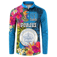 Personalised Palau Independence Day Button Sweatshirt 1st October 30th Anniversary Polynesian Jungle Flower LT03 Blue - Polynesian Pride