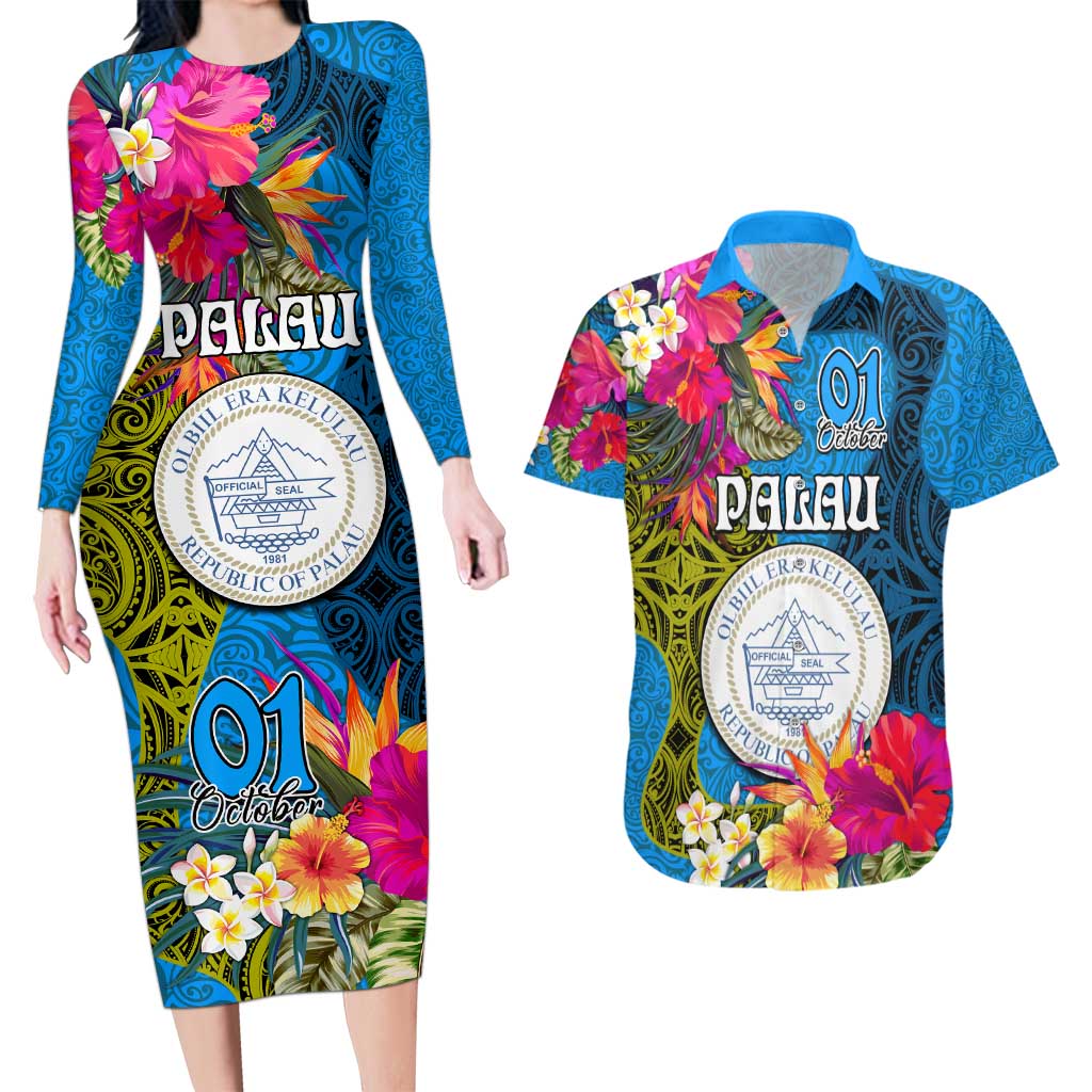 Personalised Palau Independence Day Couples Matching Long Sleeve Bodycon Dress and Hawaiian Shirt 1st October 30th Anniversary Polynesian Jungle Flower