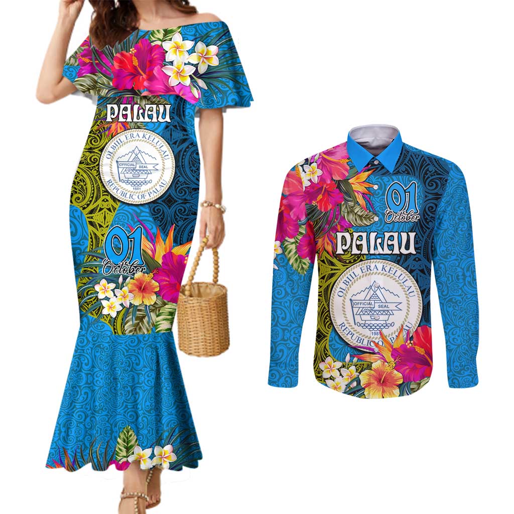 Personalised Palau Independence Day Couples Matching Mermaid Dress and Long Sleeve Button Shirt 1st October 30th Anniversary Polynesian Jungle Flower