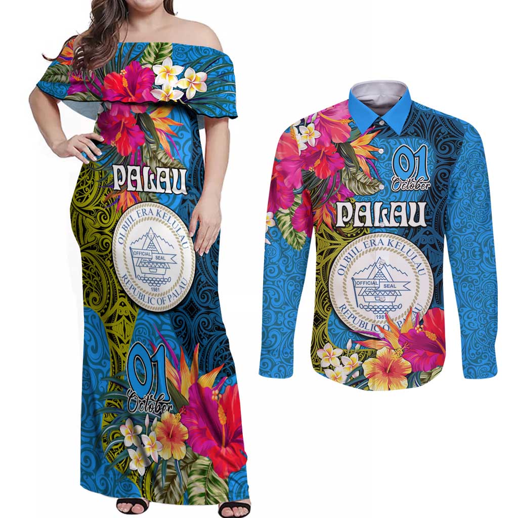 Personalised Palau Independence Day Couples Matching Off Shoulder Maxi Dress and Long Sleeve Button Shirt 1st October 30th Anniversary Polynesian Jungle Flower LT03 Blue - Polynesian Pride