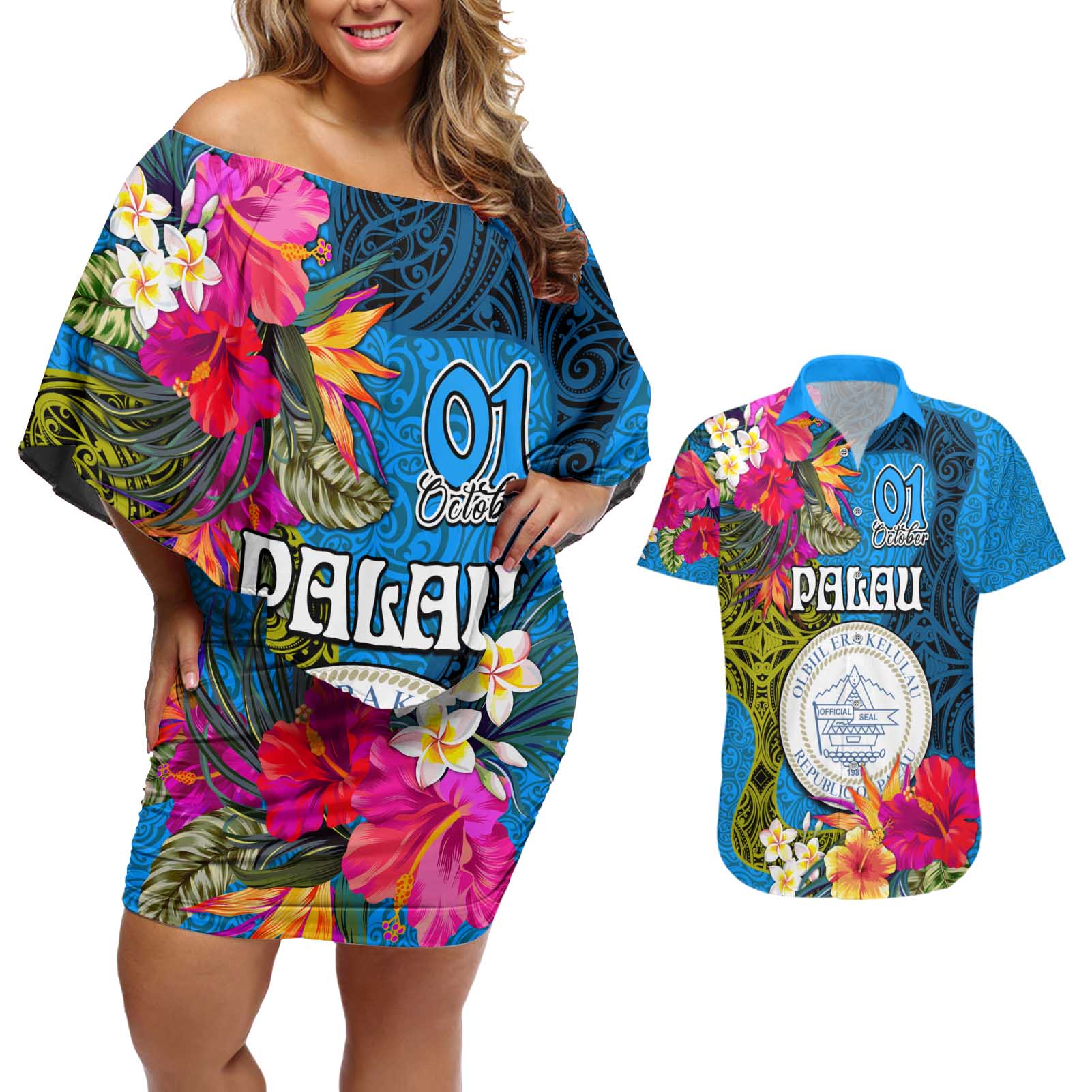 Personalised Palau Independence Day Couples Matching Off Shoulder Short Dress and Hawaiian Shirt 1st October 30th Anniversary Polynesian Jungle Flower