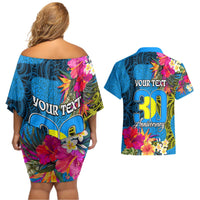Personalised Palau Independence Day Couples Matching Off Shoulder Short Dress and Hawaiian Shirt 1st October 30th Anniversary Polynesian Jungle Flower LT03 - Polynesian Pride
