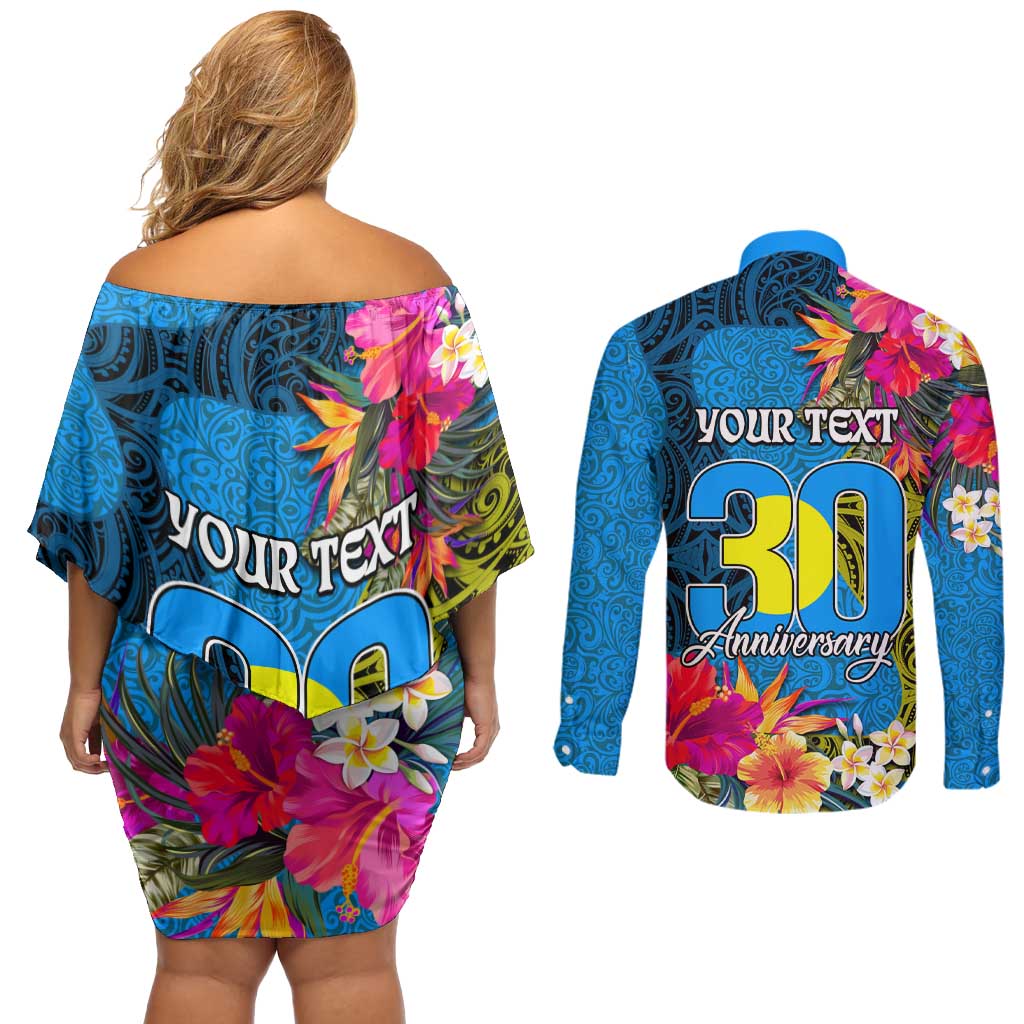 Personalised Palau Independence Day Couples Matching Off Shoulder Short Dress and Long Sleeve Button Shirt 1st October 30th Anniversary Polynesian Jungle Flower LT03 - Polynesian Pride