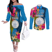 Personalised Palau Independence Day Couples Matching Off The Shoulder Long Sleeve Dress and Long Sleeve Button Shirt 1st October 30th Anniversary Polynesian Jungle Flower LT03 Blue - Polynesian Pride
