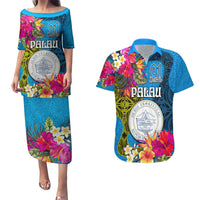 Personalised Palau Independence Day Couples Matching Puletasi and Hawaiian Shirt 1st October 30th Anniversary Polynesian Jungle Flower LT03 Blue - Polynesian Pride