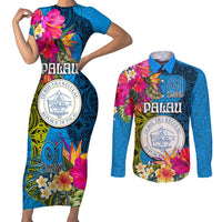 Personalised Palau Independence Day Couples Matching Short Sleeve Bodycon Dress and Long Sleeve Button Shirt 1st October 30th Anniversary Polynesian Jungle Flower LT03 Blue - Polynesian Pride