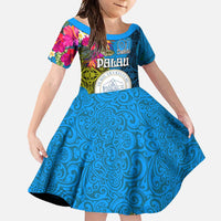 Personalised Palau Independence Day Family Matching Mermaid Dress and Hawaiian Shirt 1st October 30th Anniversary Polynesian Jungle Flower LT03 Daughter's Dress Blue - Polynesian Pride